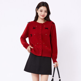 法柚毛衣红色蝴蝶结毛衣开衫女外穿宽松慵懒风高级感针织外套