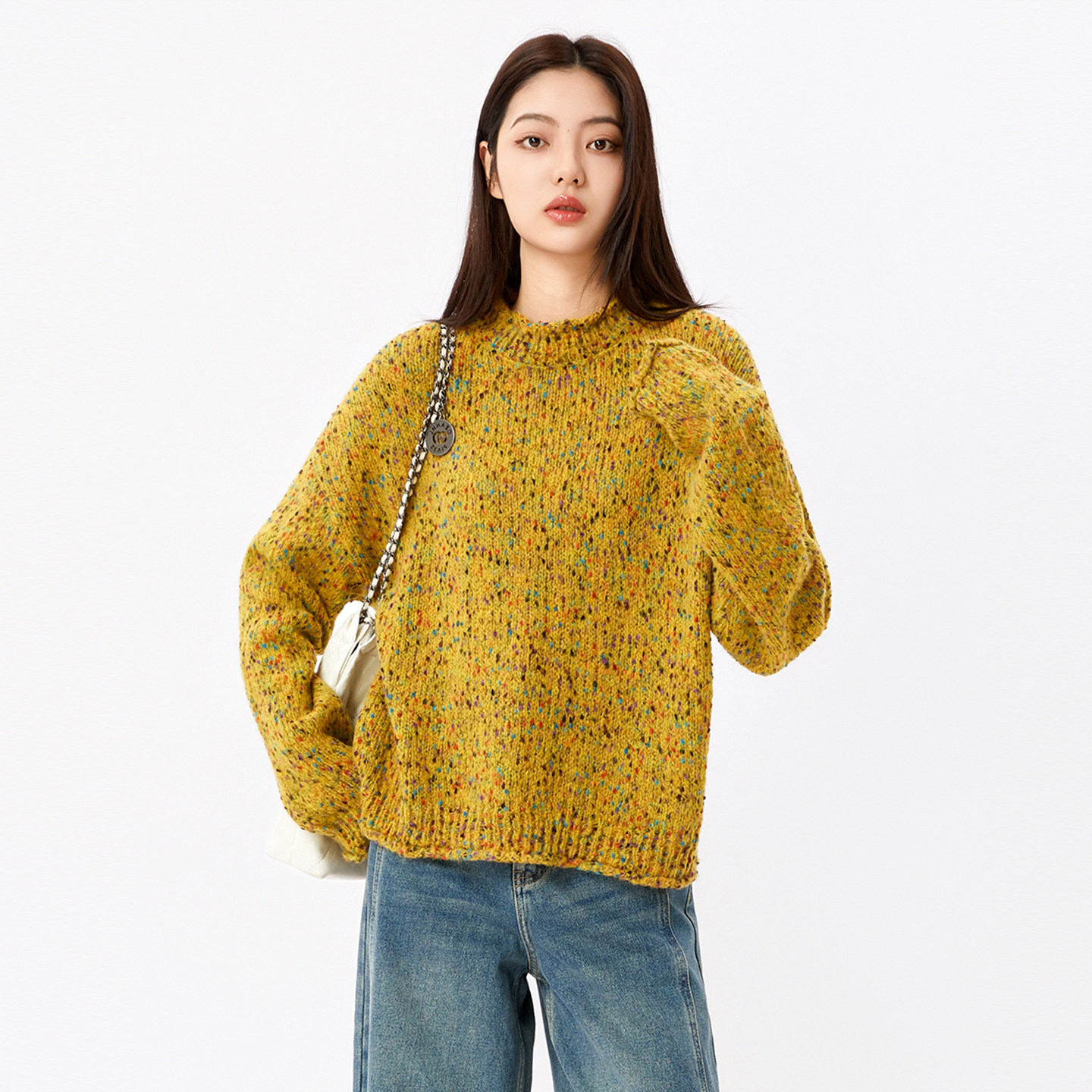 法柚毛衣2025冬季新款上衣套头圆领彩线宽松慵懒风针织羊毛衫女