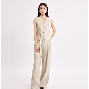 法柚2026春装新款飘带无领西装马甲+拼接直筒裤套装休闲女装