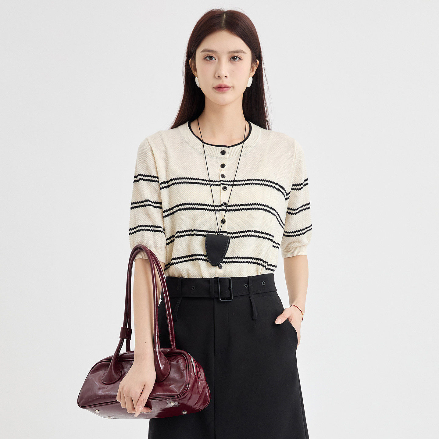 法柚撞色条纹针织短袖t恤设计感开衫2026春季新款显瘦气质上衣,女装/女士精品,毛衣,淘宝优惠券,粉丝福利购,淘宝优惠卷