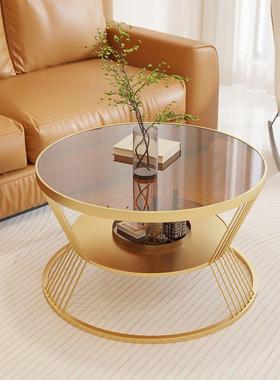 奶油风玻玻KND璃圆形家用客厅化小桌钢子轻奢现代公璃寓茶几小户