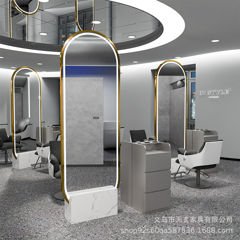 美发店镜台发廊专用镜子理发店落地剪发网红双面带灯靠墙烫染潮镜