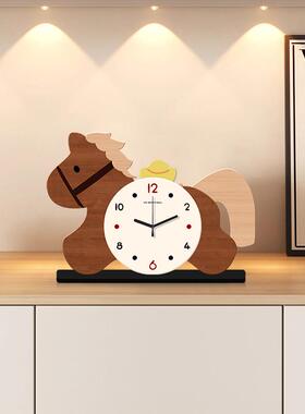 ?木马型台钟复古简约桌面时钟家用创装饰摆Fh(x}x}h件202造5意新