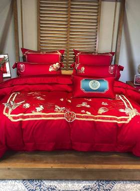 百子婚图庆四件套喜庆大红贡子缎刺绣孙被喜被棉百81923子被纯结
