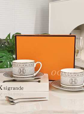 欧式H标灰色款骨瓷咖啡杯碟带勺套装高档精致新婚礼物杯子礼盒装