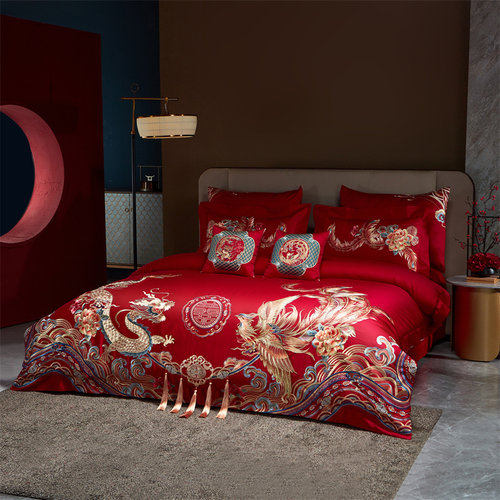 120支端长绒棉婚庆四件套大红色纯棉喜被龙凤刺绣结婚床上用品4