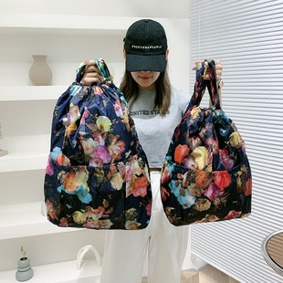 抽绳束口袋印花布包中老年双肩包买菜购物袋大容量帆布妈妈背包女