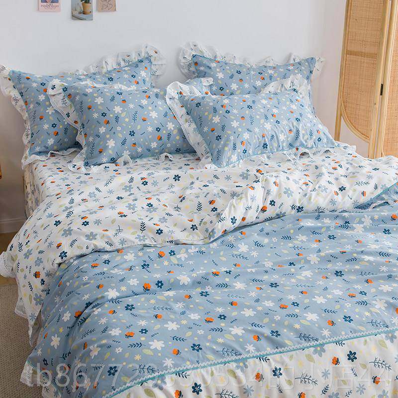 高档田园小花蕾丝花边四件套碎全棉棉粉色床公主风单被套床上用纯