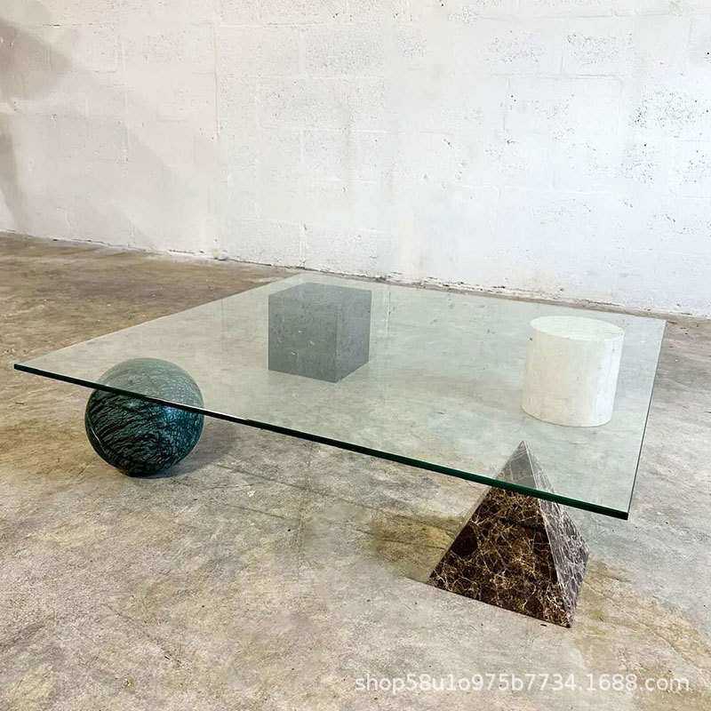 北欧简约天然大理石茶几创意几何异形钢化玻璃桌面茶几方形咖啡桌