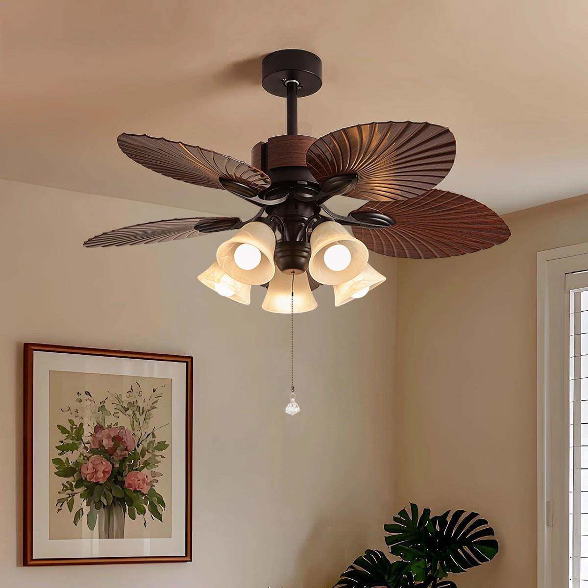 法式中古风扇灯大风力东南亚南洋芭蕉叶家用客厅餐厅复古风扇吊灯