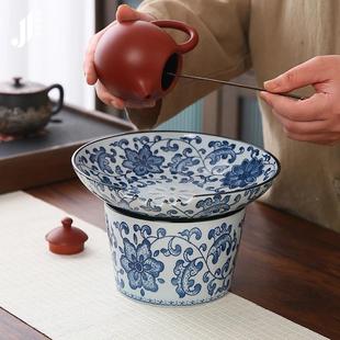 青花茶渣缸滤大号过茶49渣桶单盖式创意带缠枝莲特色茶洗个茶盅水