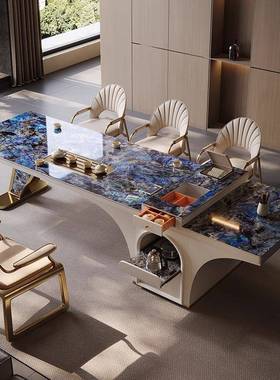 轻奢岩板桌台现代一高茶端办公室家用茶泡茶VJA体3米大板桌」