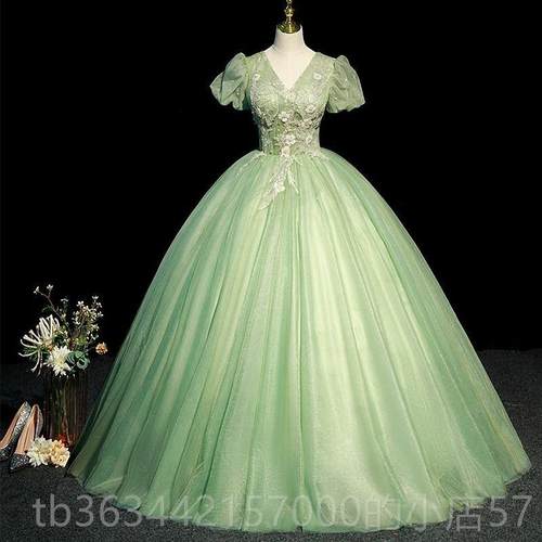 高档礼人服森系绿色美声声乐钢艺考独琴晚唱演出蓬蓬裙主持礼服成