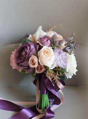 真复欧式仿真玫瑰新古娘伴娘结婚手捧花紫色D5119婚纱写深婚庆花