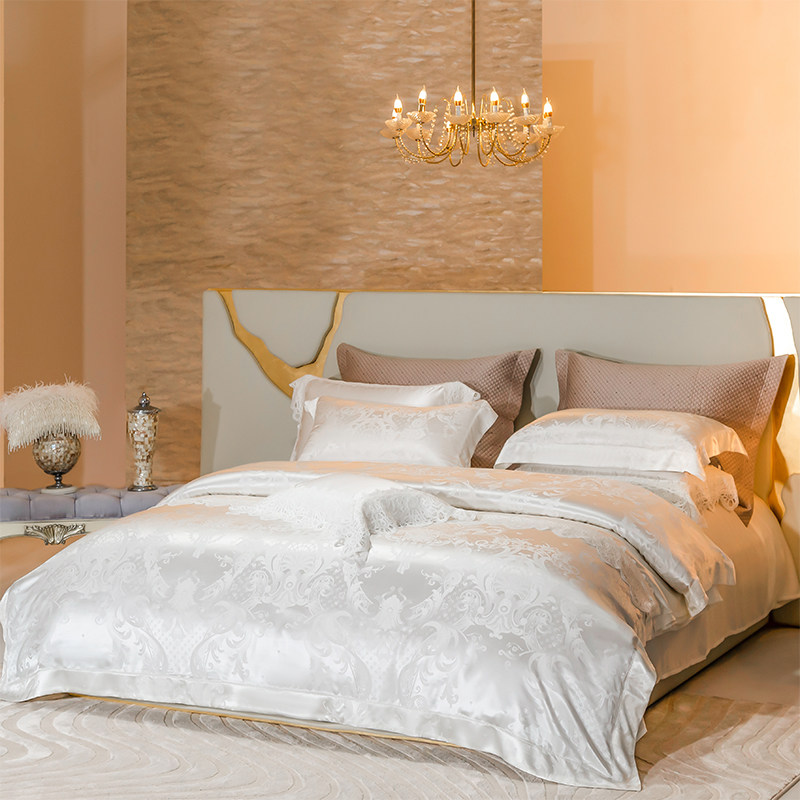 欧式裸睡真丝四件套桑蚕丝丝绸高端白色定制别墅被套天丝牀上用品,床上用品,床品套件/四件套/多件套,淘宝优惠券,粉丝福利购,淘宝优惠卷