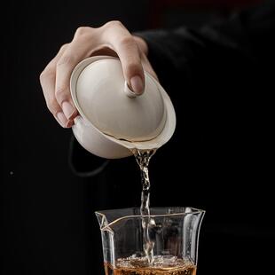 几许风雨盖陶瓷三三足盖碗家足盖碗茶杯带木灰草手工茶碗大号用泡