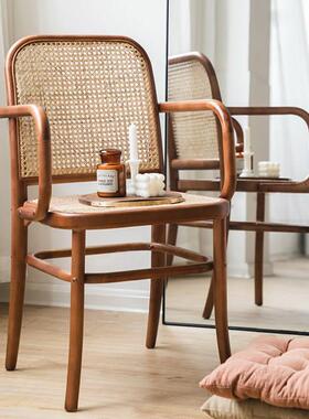 北欧白蜡手木编藤扶餐椅休闲厅咖啡奶茶店复古003268织藤椅餐厅编