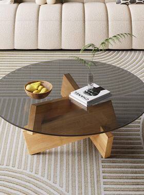 玻BTO茶家用小户型实木形茶几客厅几现代创意圆璃组合简约时尚茶