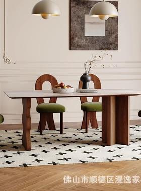 暮奢法式复古洞石洞石岩板岩板师餐桌椅美黑胡桃实木北设岛计半椭