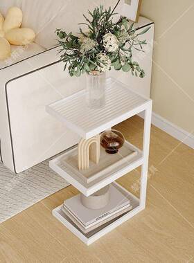 客厅沙发用落置物架地极窄床头柜轻奢家QDE物架边几奶油风玻璃角