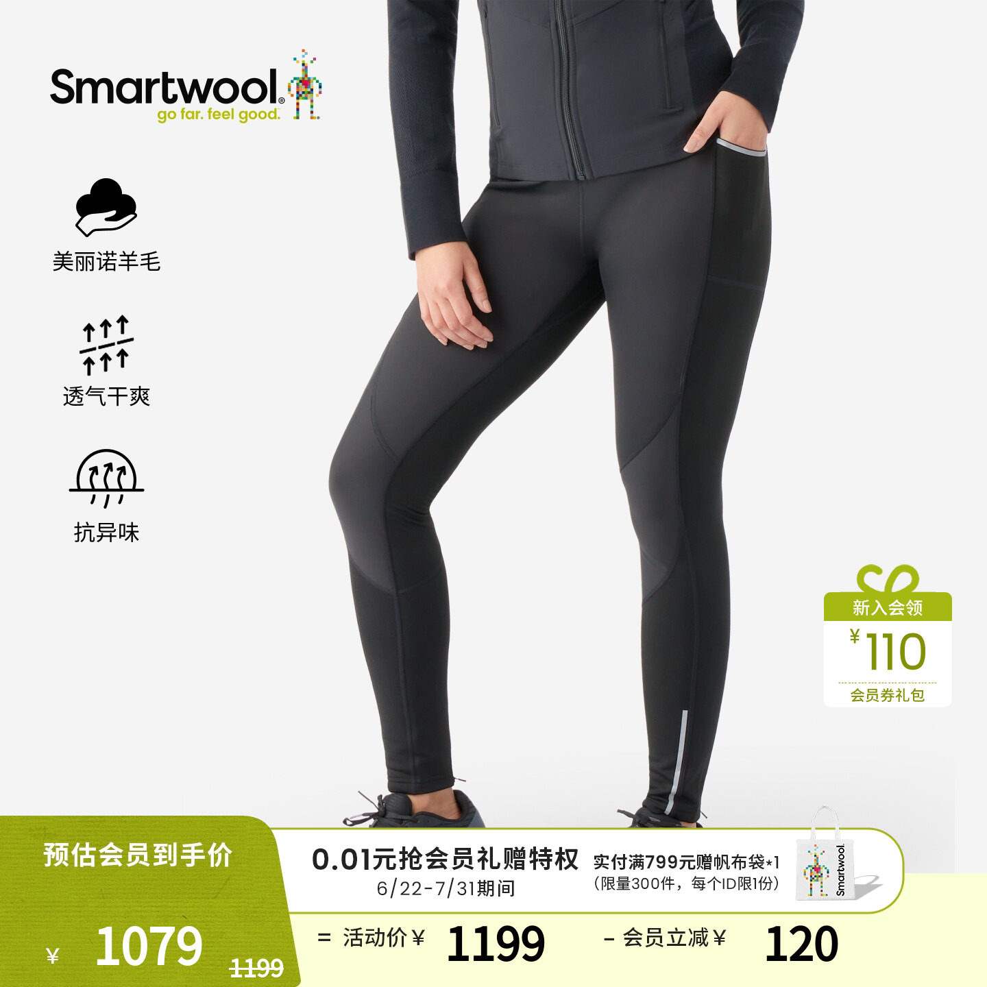 Smartwool新品可机洗美丽诺羊毛女款Active Fleece Wind紧身裤