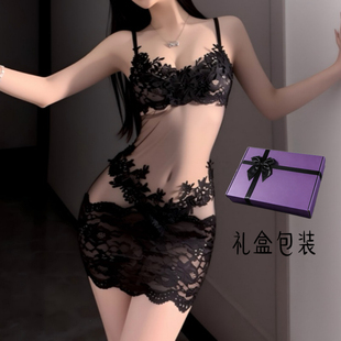 女爆款 纯欲风性感吊带睡裙蕾丝透视网纱镂空家居服套装 法式 礼盒装