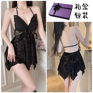 女 纯欲风挂脖睡裙蝴蝶丝绒性感V领家居服套装 秘笺「礼盒装 」法式