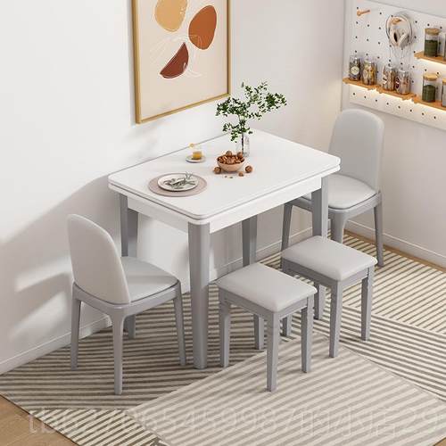 正品实木岩板折叠餐桌组合伸缩餐椅简易小型户家桌用吃饭椅桌子省