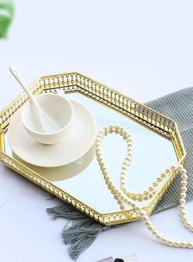 北欧轻奢长方形玻璃镜面托盘客厅家用放茶杯子首饰金属收纳盘摆件