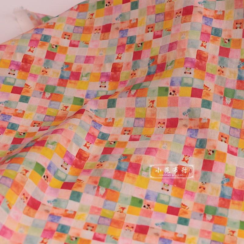 春夏童HBT趣气手绘七彩小印花纯棉料4布0支府绸格卡通小人透衬衫