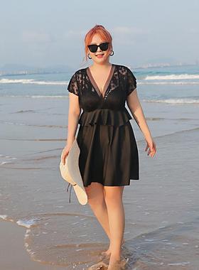 加肥大尺码连身保泳衣 胖守mm200斤 女肚显瘦25遮0黑色温DM159泉