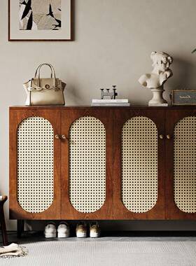 款复古新黑色鞋BYK柜门口家容用藤编门柜黑色鞋中古风入户门鞋柜