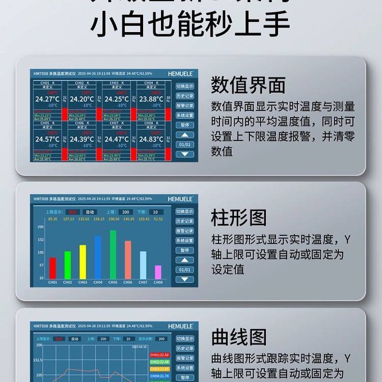 禾木多路温度测试仪8-64路温升巡检采集曲线柱型列表记录测温仪
