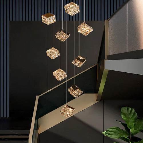 自建房旋转楼梯间长吊灯复式楼别墅挑空loft水晶简约公寓俩层吊灯