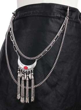 跨境个性金属多层月牙形雕刻饰品民族风苗族配饰银色树叶吊坠裤链