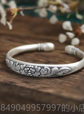 高档牡丹花纯银手镯镯女妈999足银心子实开口覆古哑光民族风送妈