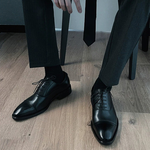 男士皮鞋方头英伦风牛津德比鞋复古三接头商务正装男款新郎结婚鞋