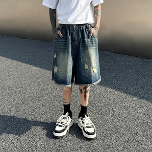 男女松紧腰百搭休闲直筒五分中裤 我叫得仔 复古水洗破洞牛仔短裤