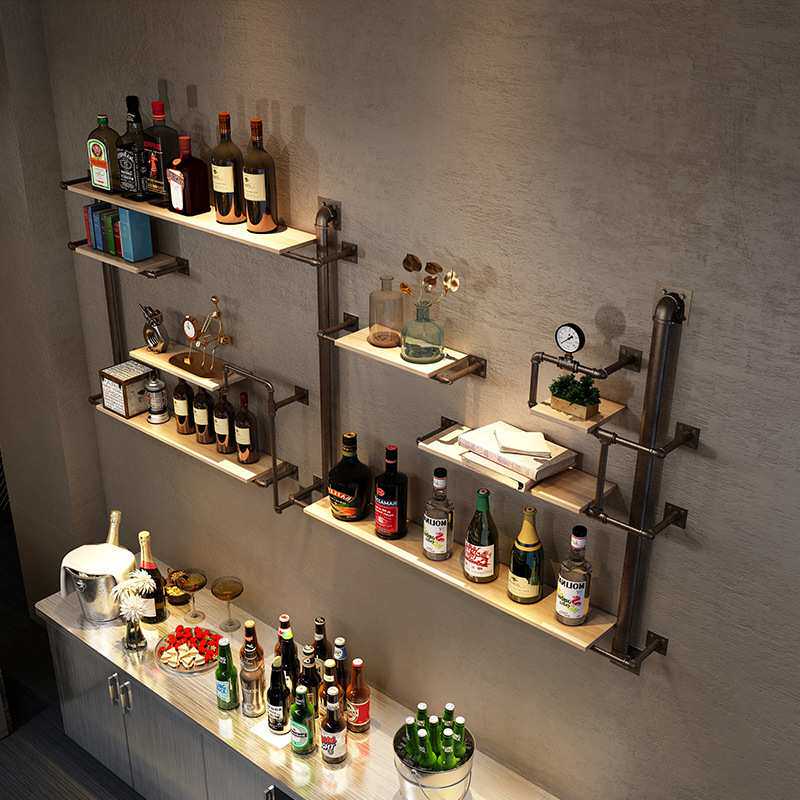 创意美式实木置物架 餐厅酒吧装饰酒架 复古工业风铁艺水管架
