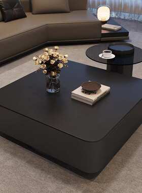 Tal意式轻奢方形岩板茶几小户型高级感家用客厅茶台黑色极简玻璃