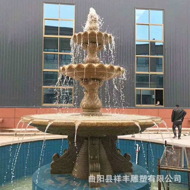 石雕喷泉水钵假山摆件酒店别墅户外造景欧式喷泉晚霞红喷水球摆件