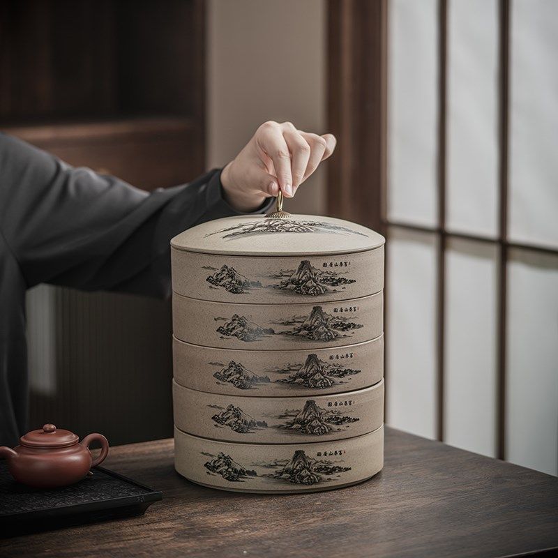 粗陶普洱茶饼350克存储罐家用大号糖果罐中式复古防潮白茶饼通用