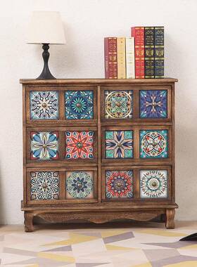 新款客AZF厅复色斗柜济型储物柜家用古简易床头柜实木美式彩经绘