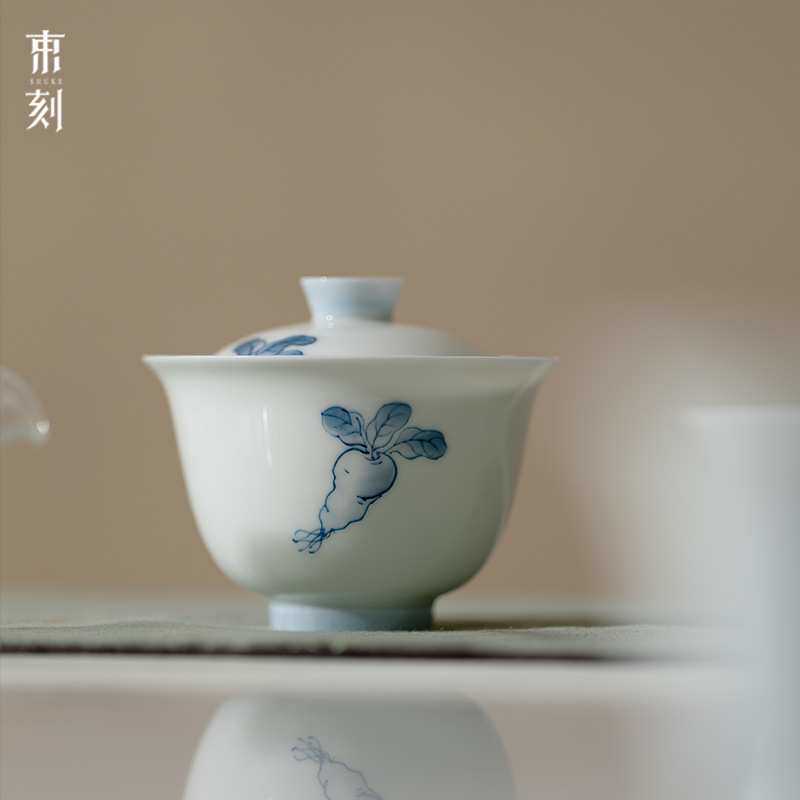 束刻玉瓷青花手绘萝卜盖碗手工白瓷泡茶碗功夫茶具陶瓷茶具中式