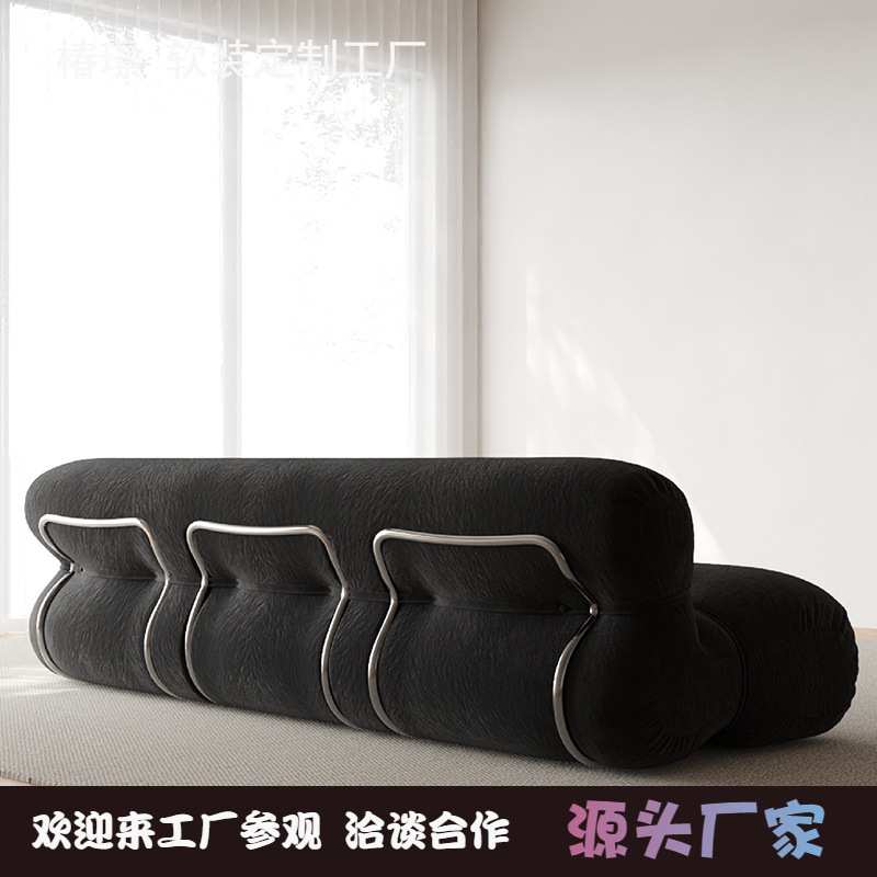 设计师钢牙绒布沙发小户型客厅北欧复古风工作室拉扣异形三人沙发