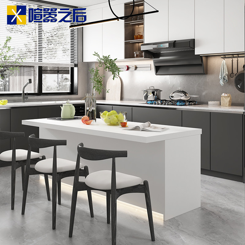 奶油风纯白岩板岛台餐桌一体开放式厨房水吧台西厨中岛台料理台