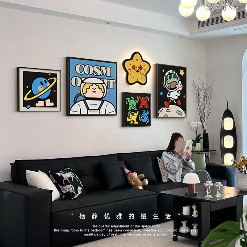 多巴胺客厅装饰画卡通宇航员沙发背景墙面挂画儿童房卧室床头壁画,家居饰品,现代装饰画,淘宝优惠券,粉丝福利购,淘宝优惠卷