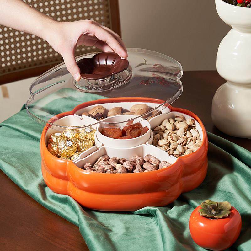 柿柿如意分格带盖果盒客厅茶几坚果糖果盒子中式家用客厅果盘