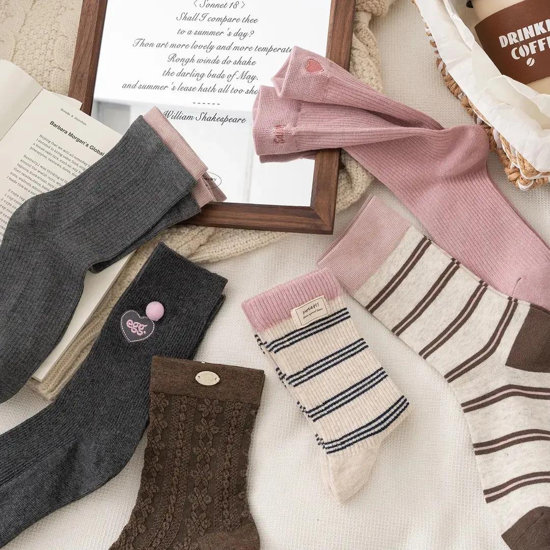 秋冬新款袜子百搭中筒袜网红爆款ins风外穿通勤长袜粉色堆堆袜-M