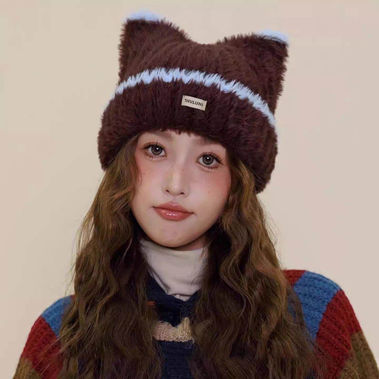 日本进口可爱猫耳朵毛绒帽子女2025新款冬季保暖护耳显脸小针织帽